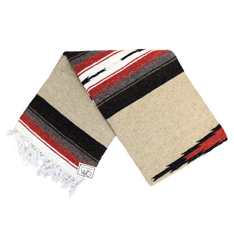Open Road Goods Tan/Khaki Mexican Yoga Blanket - Thick Diamond Serape with Orange and Brown Stripes - Image 1